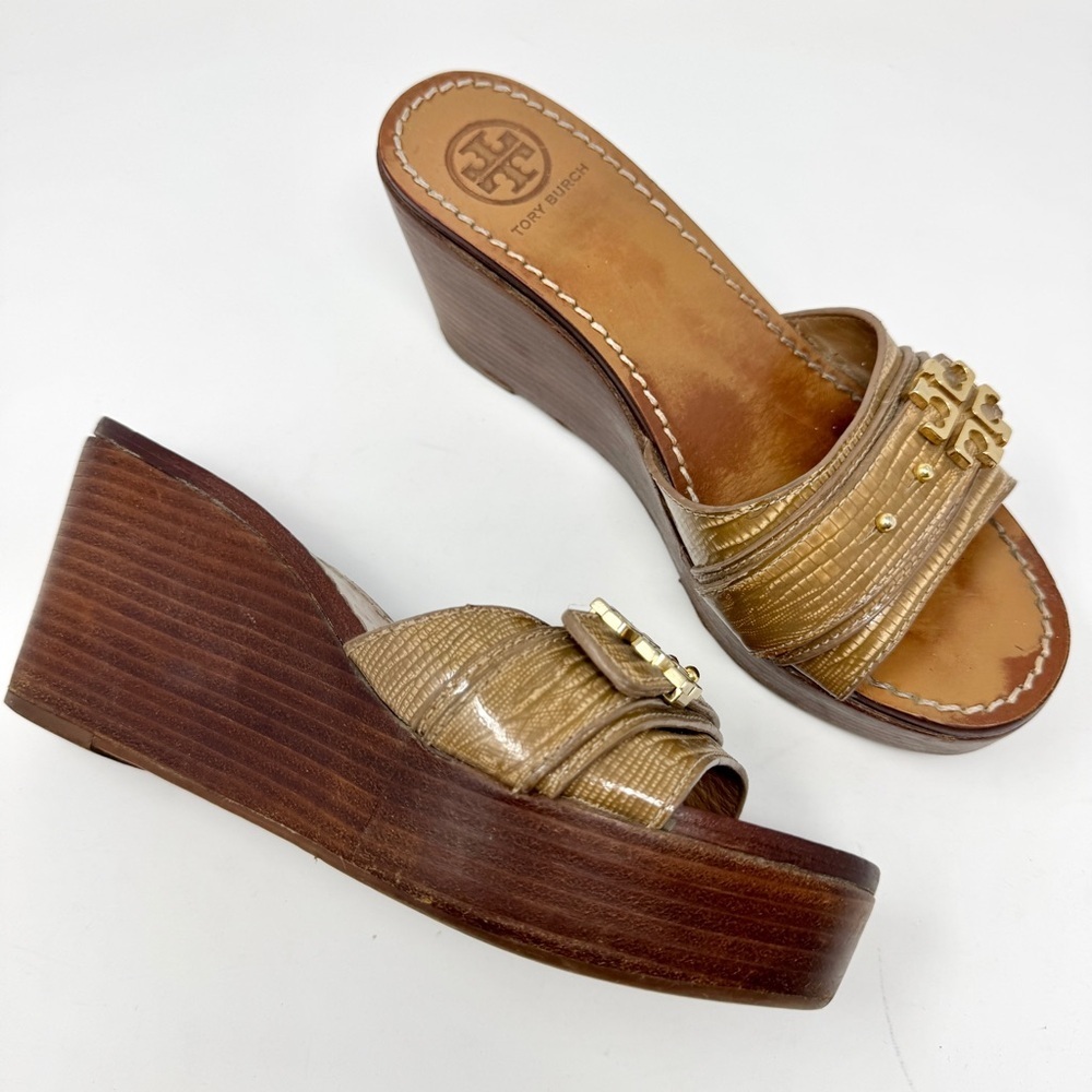 Tory Burch Elina Platform Tan Wedge Sandals